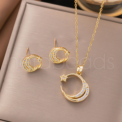 Brass Micro Pave Clear Cubic Zirconia Stud Earrings & Pendant Necklaces Sets FS-WG8C3C9-09-1