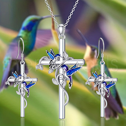 Cross with Bird Alloy Enamel Pendant Necklaces & Dangle Earrings Sets FS-WG79AEB-02-1