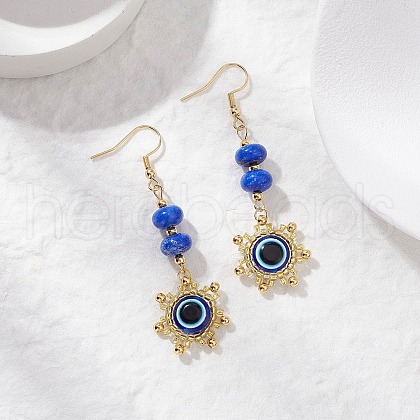 Evil Eye with Sun Resin Glass Seed Beads Dangle Earrings EJEW-MZ00421-1