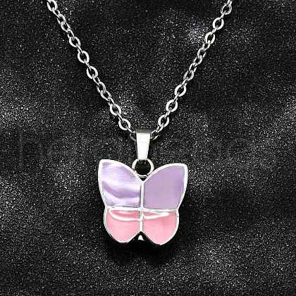 304 Stainless Steel Lilac and Pink Enamel Butterfly Cinerary Casket Pendant Necklaces NJEW-V002-01P-1