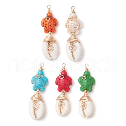 Synthetic Turquoise Bead with Natural Mixed Cowrie Shell Beads and Eco-Friendly Copper Wire and Brass Beads Pendants PALLOY-TA00233-02-1