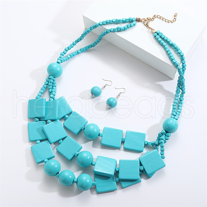 Bohemian Style Wood Square & Round Beaded Multilayer Necklaces & Dangle Earrings Sets FS-WG2F343-05-1