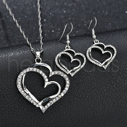 Heart Alloy Crystal Rhinestone Pendant Necklace & Dangle Earrings Sets FS-WG58D1F-01-1