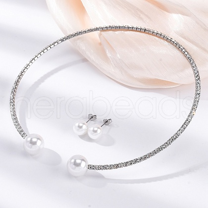 Round Plastic Imitation Pearl Stud Earrings & Rhinestone Cuff Choker Necklaces Sets SJEW-U003-04P-1