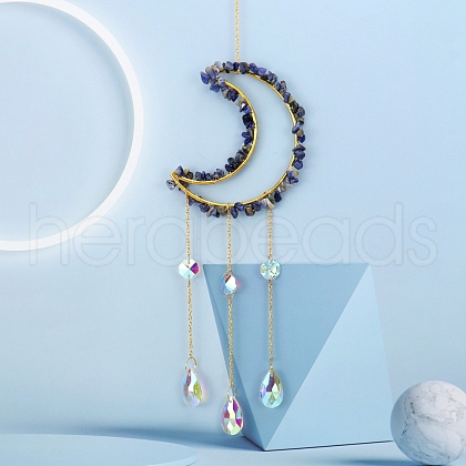 Glass & Brass Moon Pendant Decorations HJEW-PW0002-09F-1