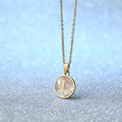 Flat Round Stainless Steel Pave Natural White Shell Initial Pendant Necklaces for Women FS-WG6FA45-12-1