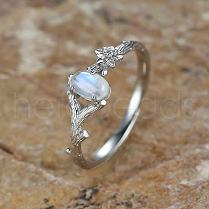 Oval & Flower Zinc Alloy with Natural Moonstone Finger Rings for Women FS-WG00FFC-01-1