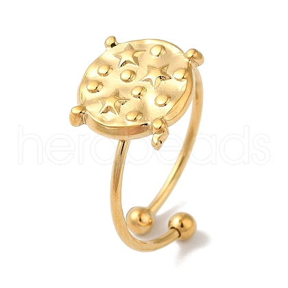 Ion Plating(IP) 304 Stainless Steel Flat Round with Star Open Cuff Rings for Women RJEW-M167-02G-1