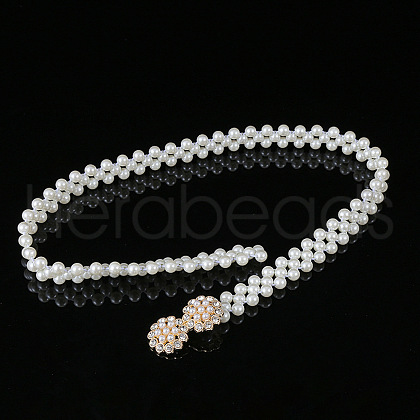 White Acrylic Imitiaotn Pearl Beaded Elastic Chain Belts with Alloy Buckles WGEAB88-06-1