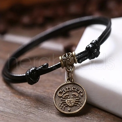 Alloy Flat Round with Constellation Charms Double Layer Black Imitation Leather Cord Adjustable Anklets WGE0879-05-1