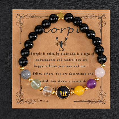 12 Zodiac Sign Natural Black Obsidian Round Beads Stretch Bracelets for Men Women WG228FC-09-1