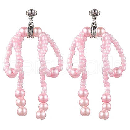 Glass Seed & Imitation Pearl Bowknot Dangle Stud Earrings EJEW-MZ00124-1
