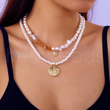 Summer Beach Alloy Shell Shaped Pendant Plastic Imitation Pearl & Natural Red Aventurine Beaded Double Layer Necklaces for Women FS-WGF3BD7-09-1