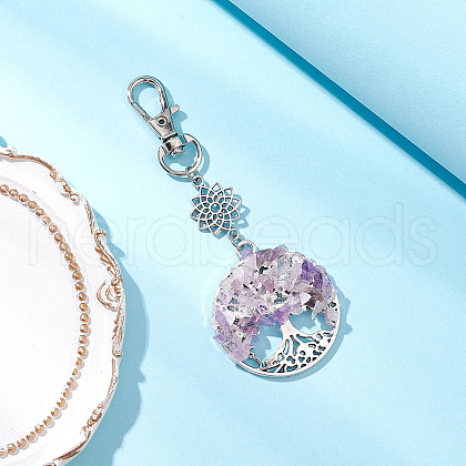 Natural Amethyst Chips Beads & Alloy Tree of Life Pendant Decorations HJEW-JM03128-01-1