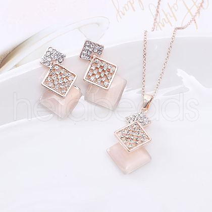 Rhombus Alloy & Cat Eye & Rhinestone Pendant Necklace & Stud Dangle Earring Sets FS-WGCC3FD-01-1