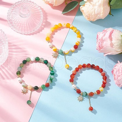 3Pcs Natural Striped Agate Round Beaded Bracelets BJEW-JB11924-1