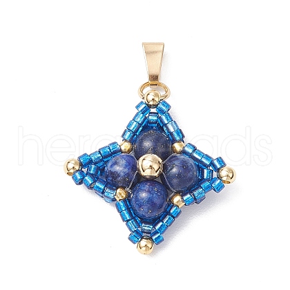 Dyed Natural Lapis Lazuli & Glass Seed Beaded Star Pendants PALLOY-MZ00692-03-1