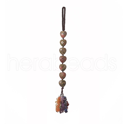 Heart Natural Unakite & Mixed Stone Chips Tassel Pendant Decorations HJEW-JM00948-03-1