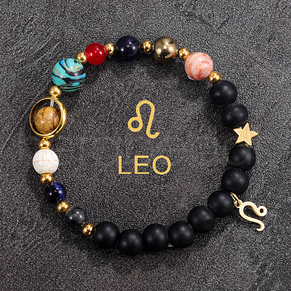 12 Zodiac Sign Natural Black Obsidian Round Beads & Synthetic Mixed Gemstone Beads Charm Bracelets for Men Women WG666A9-12-1