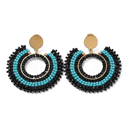 Woven Glass Beaded Donut Dangle Stud Earrings EJEW-A105-11G-1