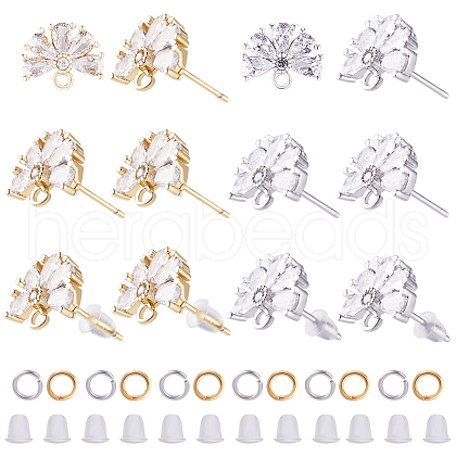CREATCABIN 12Pcs 2 Color Brass Pave Clear Cubic Zirconia Flower Stud Earring Findings DIY-CN0002-80-1