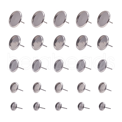 Flat Round Stainless Steel Stud Earring Settings STAS-PH0018-62P-1