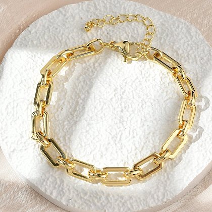 Brass Rectangle Link Chain Bracelets for Women Men BJEW-K273-08G-1