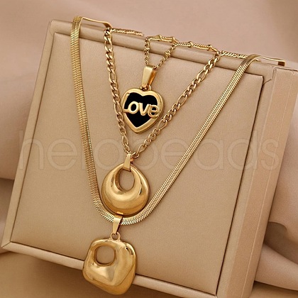 304 Stainless Steel & Black Acrylic Love Heart Pendant 3 Layer Necklaces for Women FS-WG3B4D3-08-1