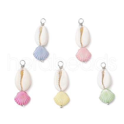 Natural Cowrie Shell & Plastic Shell Shape Pendants PALLOY-JF03795-1