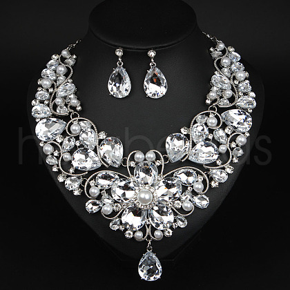 Teardrop Alloy Rhinestone Pendant Necklaces & Stud Earrings Sets for Women WG498A8-08-1