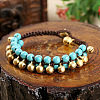 Bohemian Style Synthetic Turquoise Round Beaded & Brass Bell Charm & Wax Cord Braided Bead Bracelets FS-WGC2A27-02-1