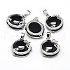 Flat Round with Dragon Platinum Plated Brass Natural Dyed & Heated Black Agate Pendants G-F228-24K-RS-1