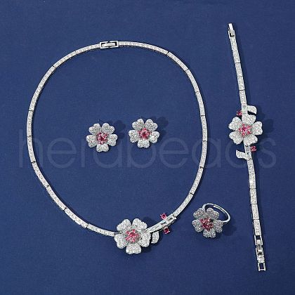 Flower Brass Micro Pave Cubic Zirconia Pendant Necklaces & Stud Earrings & Rings & Bracelets Sets WG9A1B1-02-1