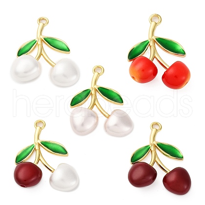 Brass Green Enamel & Plastic Cherry Pendants KK-I276-17G-1