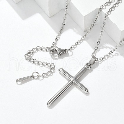 304 Stainless Steel Cross Pendant Cable Chain Necklaces NJEW-S442-05P-1