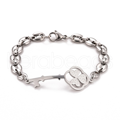 Tarnish Resistant 201 Stainless Steel Clover Skeleton Key Link Bracelet with Coffee Bean chains for Men Women STAS-E160-28P-1