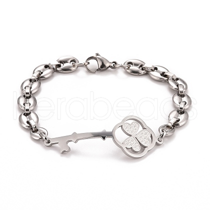 304 Stainless Steel Clover Skeleton Key Link Bracelet with Coffee Bean chains for Men Women STAS-E160-28P-1