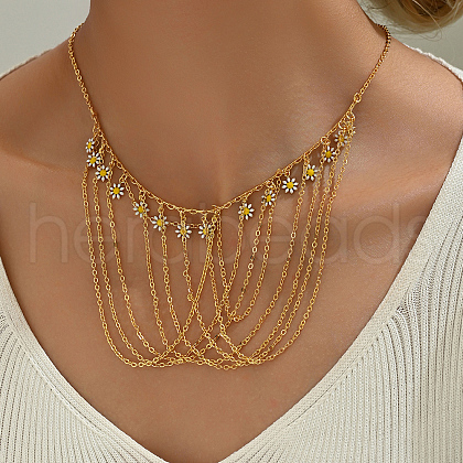 Luxurious Elegant Middle Eastern Style Brass White Enamel Tassel Flower Pendant Bib Necklaces for Women OU2157-1