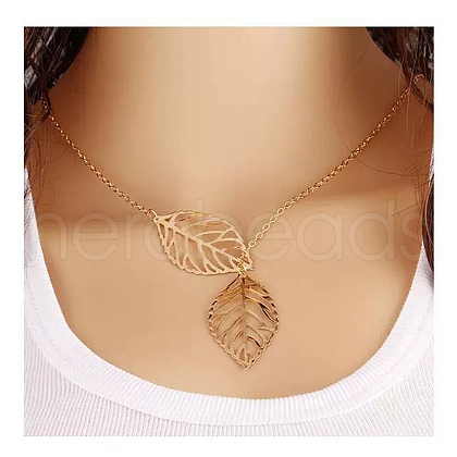 Double Hollow Leaf Alloy Pendant Cable Chain Lariat Necklaces for Women FS-WG05CB9-01-1