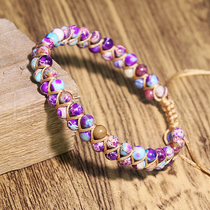 Dyed Natural Imperial Jasper Round Beaded Braided Bead Bracelets WGA4FF5-15-1