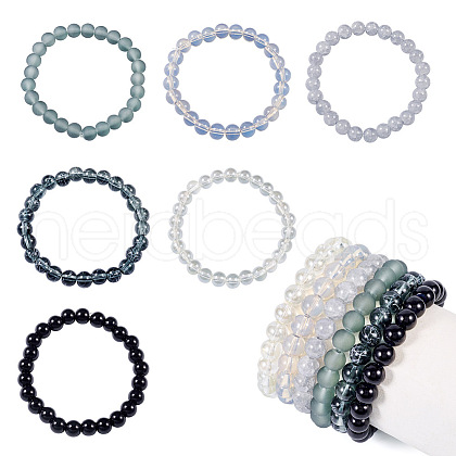 6Pcs 6 Styles 8mm Glass Round Beaded Stretch Bracelet Sets BJEW-TAC0024-1