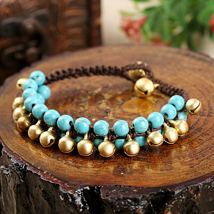 Bohemian Style Synthetic Turquoise Round Beaded & Brass Bell Charm & Wax Cord Braided Bead Bracelets FS-WGC2A27-02-1