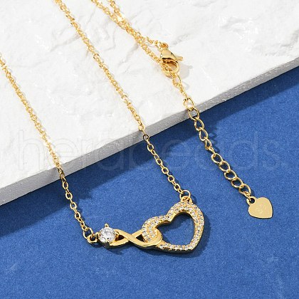 Brass Pave Clear Cubic Zirconia Infinity Heart Pendant Nceklaces for Women NJEW-V011-01G-1
