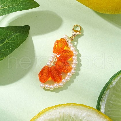 Orange Glass Pearl & Glass Beads Pendant Decorations HJEW-TA00336-04-1
