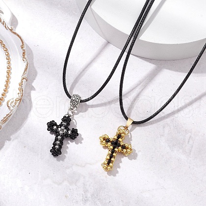 2Pcs 2 Colors Cross Glass Sead Beaded Pendant Necklaces NJEW-MZ00093-1