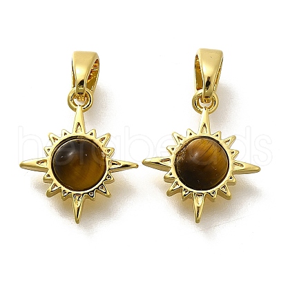 Brass Pave Natural Tiger Eye Sun Charms KK-K398-21G-1