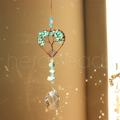 Synthetic Turquoise Chip Wrapped Heart with Tree of Life Hanging Ornaments PW-WG90532-08-1