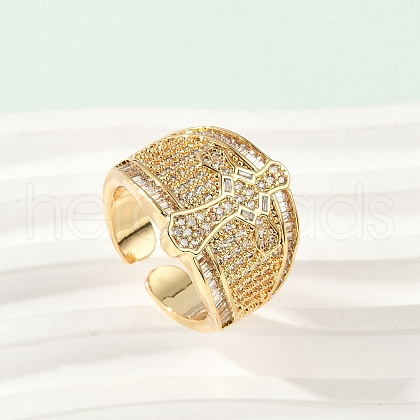 Brass Micro Pave Clear Cubic Zirconia Open Cuff Rings for Women RJEW-A059-04G-1