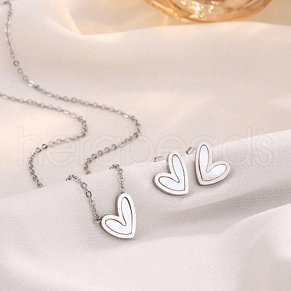 Heart Stainless Steel & Natural Shell Pendant Necklaces & Stud Earrings Sets FS-WG4CC15-01-1