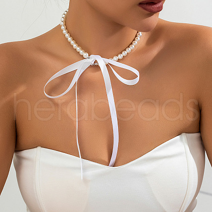 Bowknot Satin Cord Plastic Imitation Pearl Round Beaded Choker Necklaces for Women WG8633D-05-1